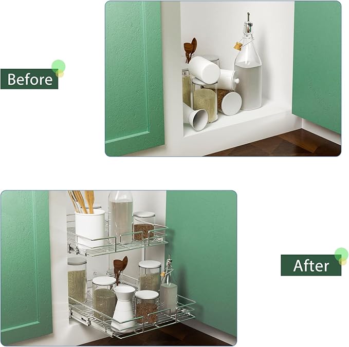 LOVMOR 2 Tier Individual Pull Out Cabinet Organizer 20" W x 21" D, Slide Out Kitchen Cabinet Storage Sliding Shelves