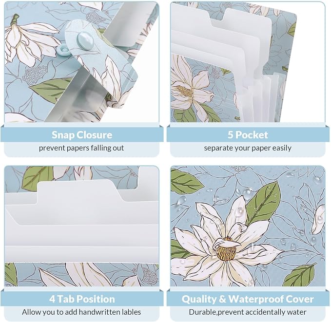 SKYDUE Accordion File Organizer, Floral Expanding File Folders with 5 Pockets, Cute Document Organizer for Paper Bills Receipt Storage, School Office & Hospital Supplies Letter/A4 Size Sky Blue