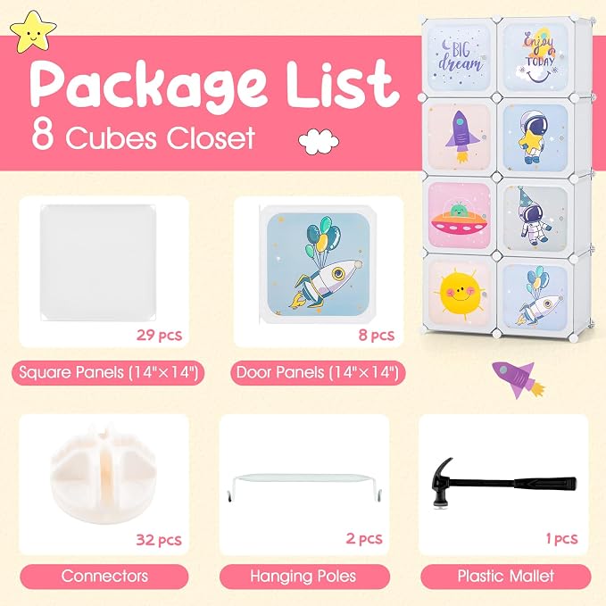 INFANS Children Wardrobe, Kid Closet Portable Baby Dresser Cute for Kids Bedroom Nursery Armoire with Doors 12 Cube 2 Hanging Sections, Kid Clothes Storage Organizer (White, 8 Cubes)