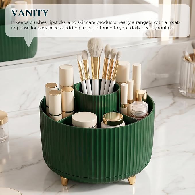 KONVINIT Pencil Pen Holder for Desk, 5 Slots 360-Degree Rotating Desktop Organizer, Cute Desk Organizers and Accessories for School, Home, Office and Art Supply, Dark Green