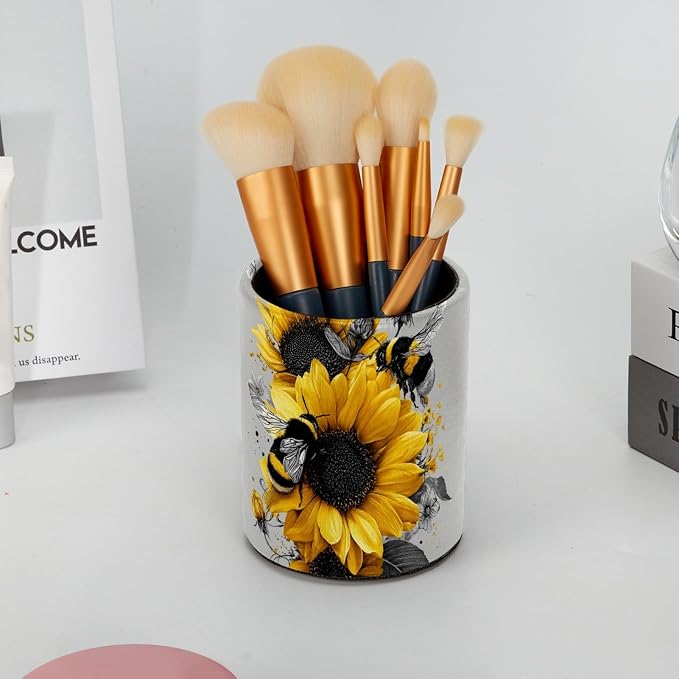 Faux Leather Pen Holder for Desk, Pencil Organizer Bee and Sunflowers Pen Cup Desk Decor Makeup Brush Holder Storage for Office Home