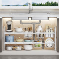 Under Sink Organizer，2 Tier Expandable Heavy Duty Metal Shelf，with 5 Removable Panels and 5 Storage Basket for Under Kitchen Bathroom Sink Organizers and Storage(White, Large)