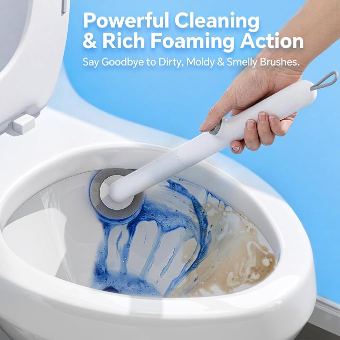 Spreezy Disposable Toilet Brush and Holder Set, Touch Free Wand, 54 Refills | Soft Spong Heads, Hands-free Eject Design, Hygienic Disposable Cleaning System, Bathroom Dorm RV Use, Floor Standing Caddy