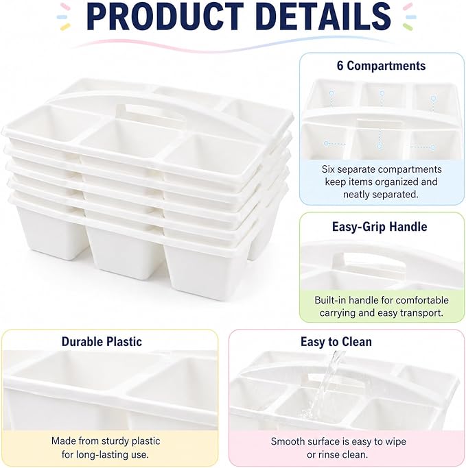 gisgfim 6 Pack Plastic Classroom Caddy with 6-Compartments Plastic Storage Caddies with Handle 6 Compartments Table Caddy Organizer Versatile Table Caddies for Classroom Office Storage, White