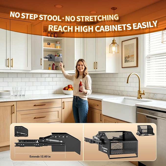 HOUSE AGAIN Pull-Down Cabinet Organizer for High/Deep Cabinets, Drop Down Spice Rack, 12.6" Out & 1.8" Down, Dual Install (Screw/3M Tape), Fits Frameless, for Spices, Snacks and Small Bottles (Black)