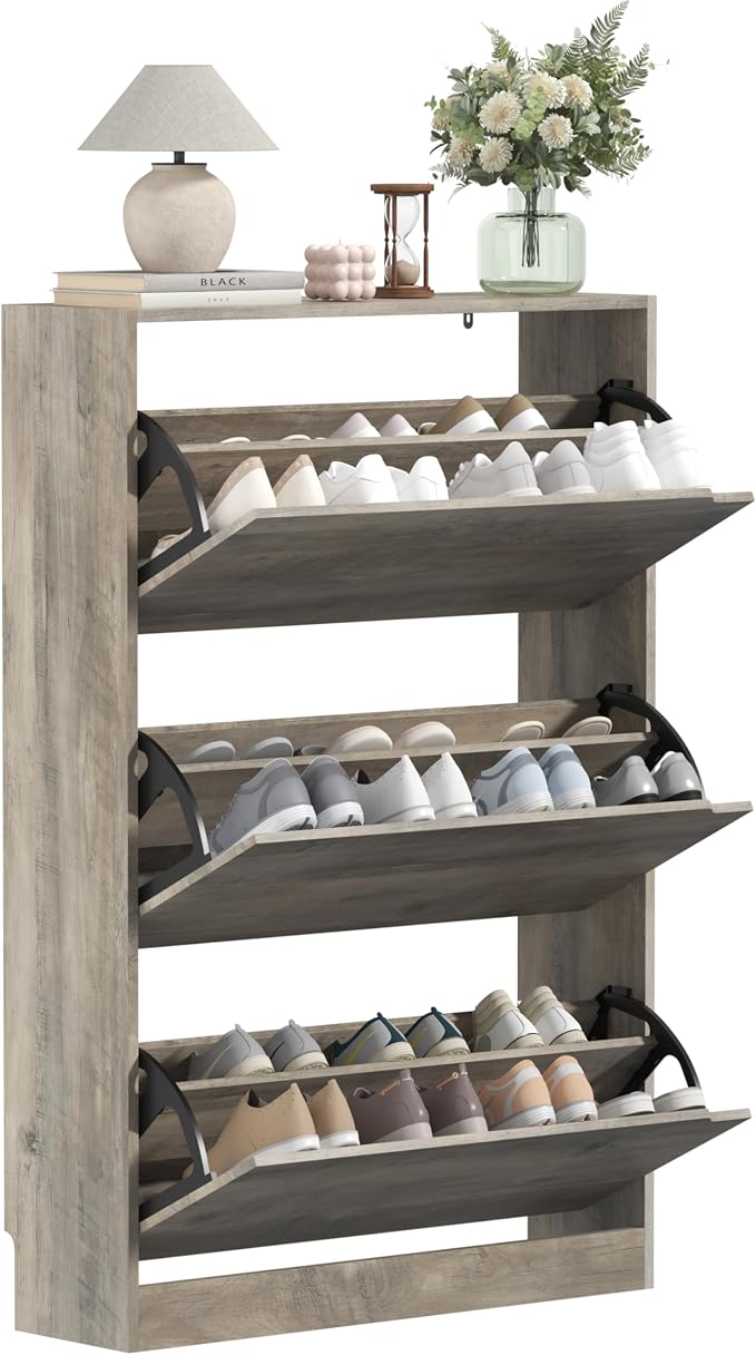 Wodeer Narrow Shoe Cabinet for Entryway, Slim Shoe Storage Cabinet with 3 Flip Drawers, Hidden Wood Shoe Cabinet Storage, Freestanding Shoe Rack Organizer Foyer, Hallway, Grey