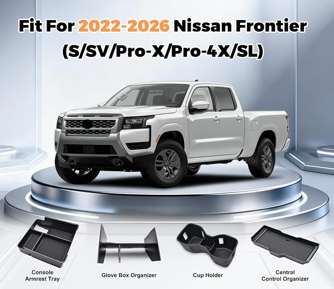GZSH 4 Set Organizer for Nissan Frontier 2022-2026 (S/SV/Pro-X/Pro-4X/SL) | Center Console Organizer Tray Front Console Shelf Armrest Storage Box Cup Holder for Nissan Frontier 2022+
