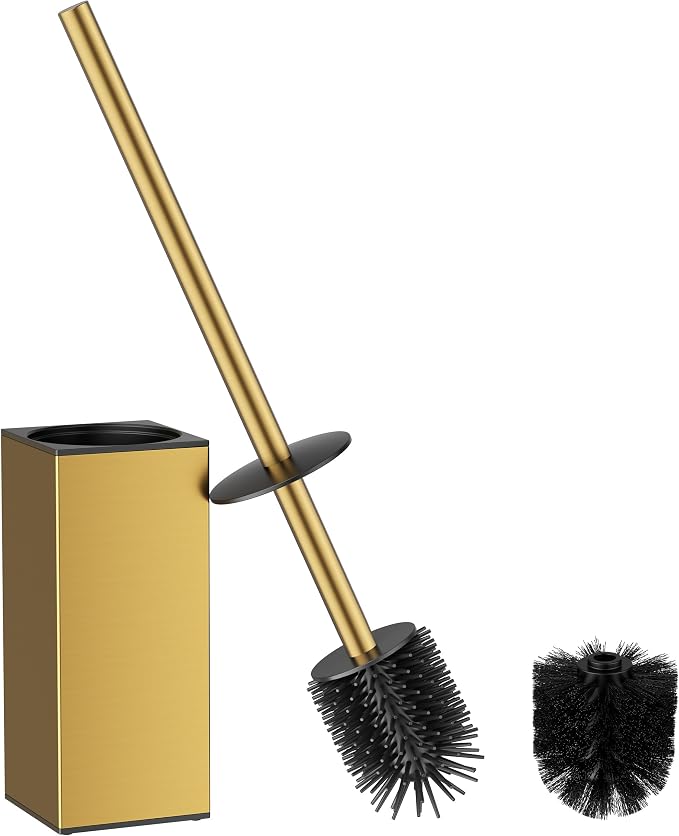 FORIOUS Toilet Brush and Holder,2 Toilet Bowl Brush Head Square Medium Gold | Heavy Duty 304 Stainless Steel Base, Silicone and Plastic Brush Heads, Long Handle for Deep Cleaning, Drip-Proof