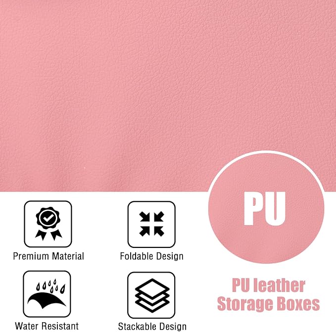 Storage Bins with Zipper Lid PU leather Storage Boxes Leather Fabric Collapsible Lidded Baskets Cube with Handle Decorative Shelves Closet Office Organizer Container(Pink, Large Size)