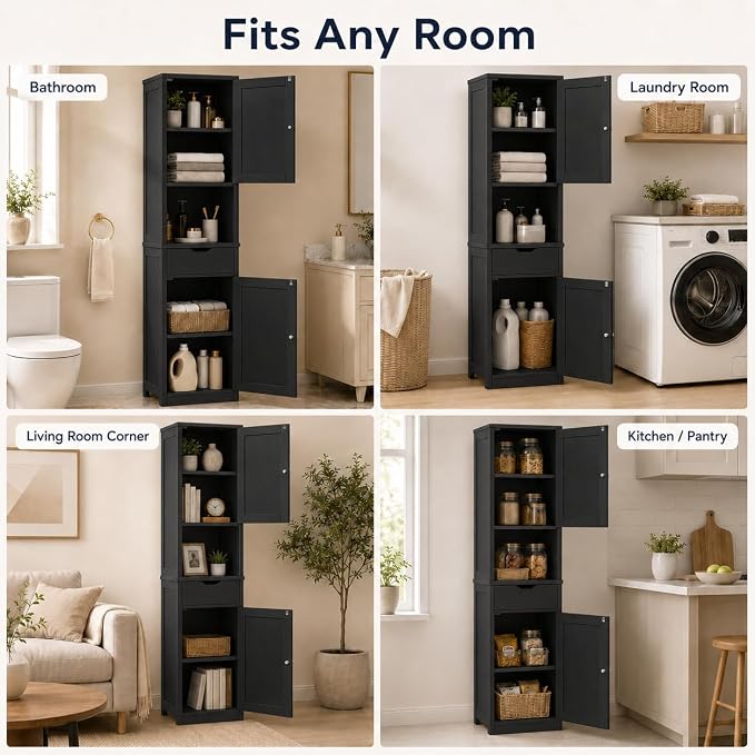 Walsunny Tall Bathroom Storage Cabinet with 6 Adjustable Shelves, Black | Anti-Tip Safety, Waterproof MDF, 2 Doors + 1 Drawer, Easy Assembly, for Bathroom/Living Room/Kitchen