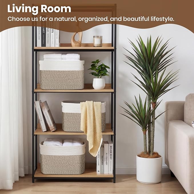 Storage Baskets for Organizing, 14 x 10 x 9” Closet Shelf Woven Baskets, Square Bins with Handles, Cotton Rope Basket for Clothes, Office, Room, White+Rice Brown 4 Pack