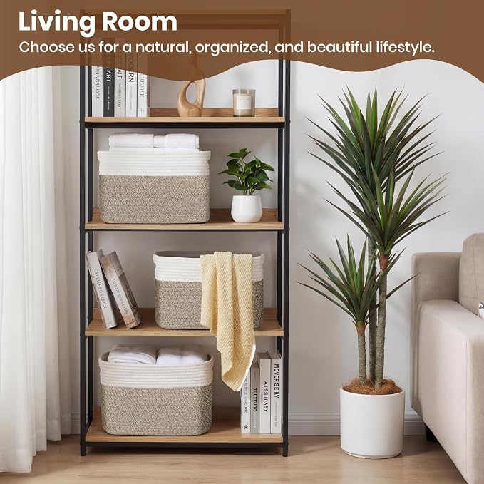 Storage Baskets for Organizing, 14 x 10 x 9” Closet Shelf Woven Baskets, Square Bins with Handles, Cotton Rope Basket for Clothes, Office, Room, White+Rice Brown 3 Pack