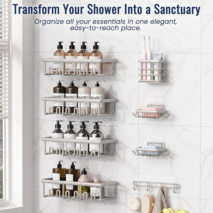 8 Pack Adhesive Rustproof Shower Caddy with Soap Dishes, Toothbrush Holder & Hooks, Large Capacity No-Drilling Shower Shelves Rack for Bathroom Organizers and Storage Accessories, Light Gray