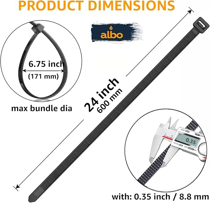 ALBO Zip Ties Black 24 Inch 50 Pack 200 lb, Long Plastic Cable Ties Thick 0,35 Inch Tie Wraps Heavy Duty UV Resistant Nylon Wire Ties for Indoor and Outdoor
