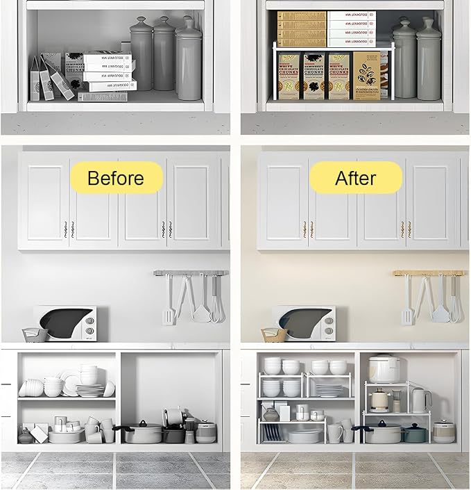 2 Pack Stackable Cabinet Shelf Organizer - Heavy-Duty Coated Metal Storage Rack, Non-Slip Space-Saving for Kitchen Pantry, Under Sink, Cupboard, Countertop (White)