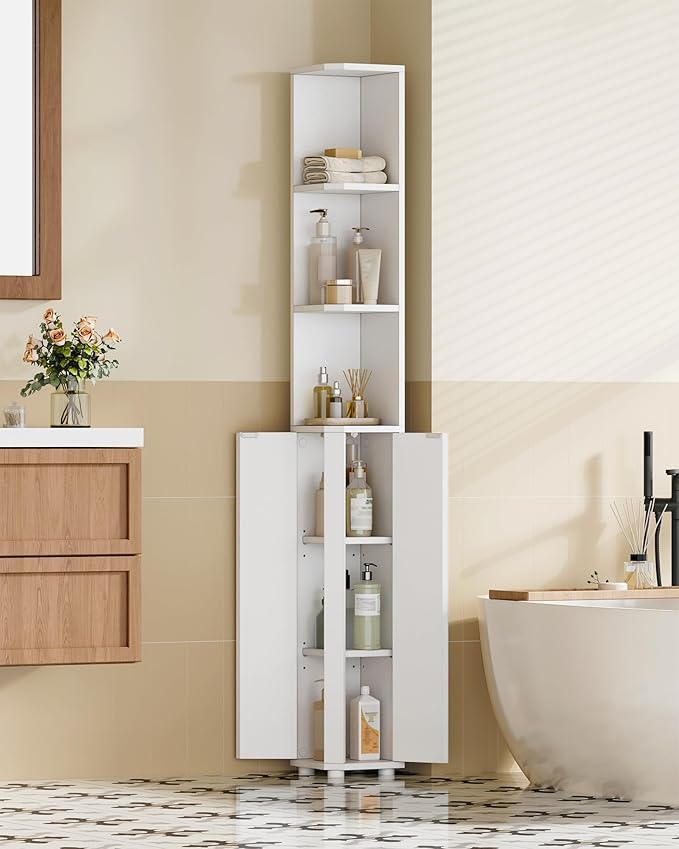 Hzuaneri Corner Cabinet, Tall Bathroom Corner Cabinet with Doors | Narrow Storage Cabinets with Adjustable Shelves, Bathroom Organizers and Storage for Small Space, White BC30003X