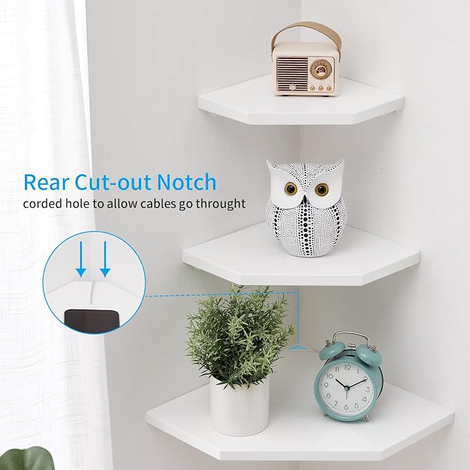 Corner Wall Shelf, Solid Oak Wood White Floating Corner Shelf Organizer with Wire Hole Small Plant Display for Kitchen Living Room Bedroom