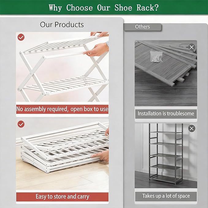 6 Tier Bamboo Shoe Rack White,Portable Folding Shoe Storage Rack,Without Installation Small Shoe Rack Perfect for Corridors, Drom, Bedrooms and Small Spaces