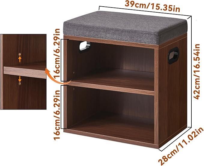 YMYNY Small Shoe Storage Bench with Cushion, Light Walnut, HBD028LW | 2 Tier Entryway Bench with Storage, Small Shoe Rack Bench with Adjustable Shelf for Entryway 11 x 15.3 x 16.5 Inches