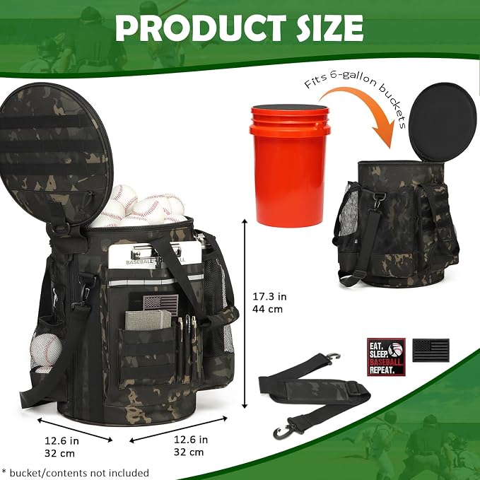 Baseball Bucket Bag, Softball Coaches Bags Fit 6 Gallon Buket | Baseball Coaching Accessories Organizer with Anti-Slip Bottom & Multiple Pockets for Bat, Gloves, Scoreboards