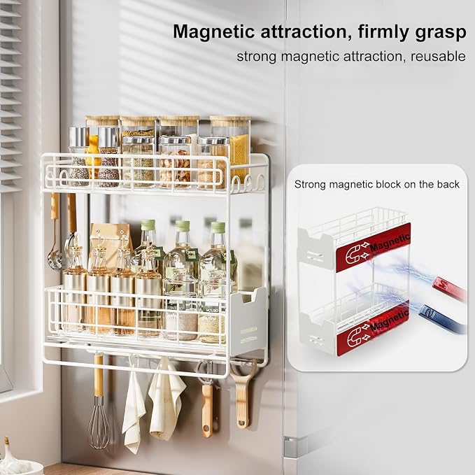 Magnetic Shelves for Fridge with Sliding Shelf, White Magnetic Spice Rack for Refrigerator, Magnetic Refrigerator Side Shelf with 5 Hooks, Magnetic Hanging Shelf for Laundry Room