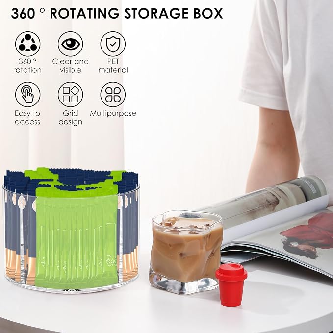 Drink Packet Organizer, Round Rotating Turntable with 4 Compartments, Lazy Susan Storage for Flavor Packets, Drink Mixes, and Water Enhancers – Countertop Organizer (1pc)