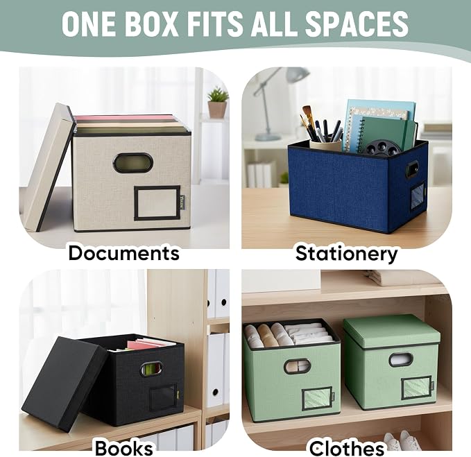 BALEINE File Organizer Box with Lid, Collapsible File Folder Organizer with Plastic Slide, Filing Box for Office Home Document Organizer Storage (Blue, 1PK)