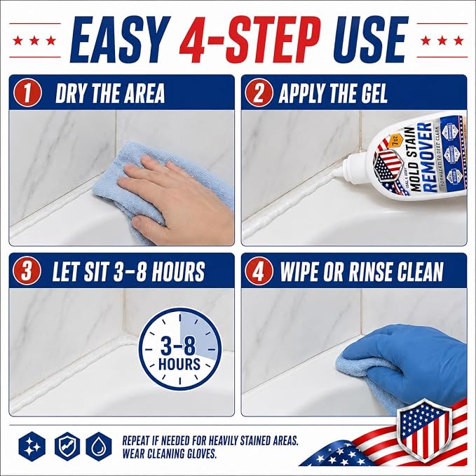 Mold Stain Cleaner Gel 7oz, Powerful Thick Stain Remover with Brush Applicator for Tile Lines, Sink Edges, Shower, Washing Machine Gasket, Rubber Loader Seal, Bathroom Grout, for Hard to Reach Stain