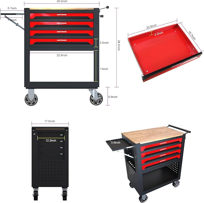 36" Tool Box with Wheels 4 Drawers Rolling Tool Cart, Wooden Top Workbench, 660lbs Total load Tool Cabinet with Locked Drawers Storage Organizer Cabinet for Garage, Warehouse, Repair Shop - Red