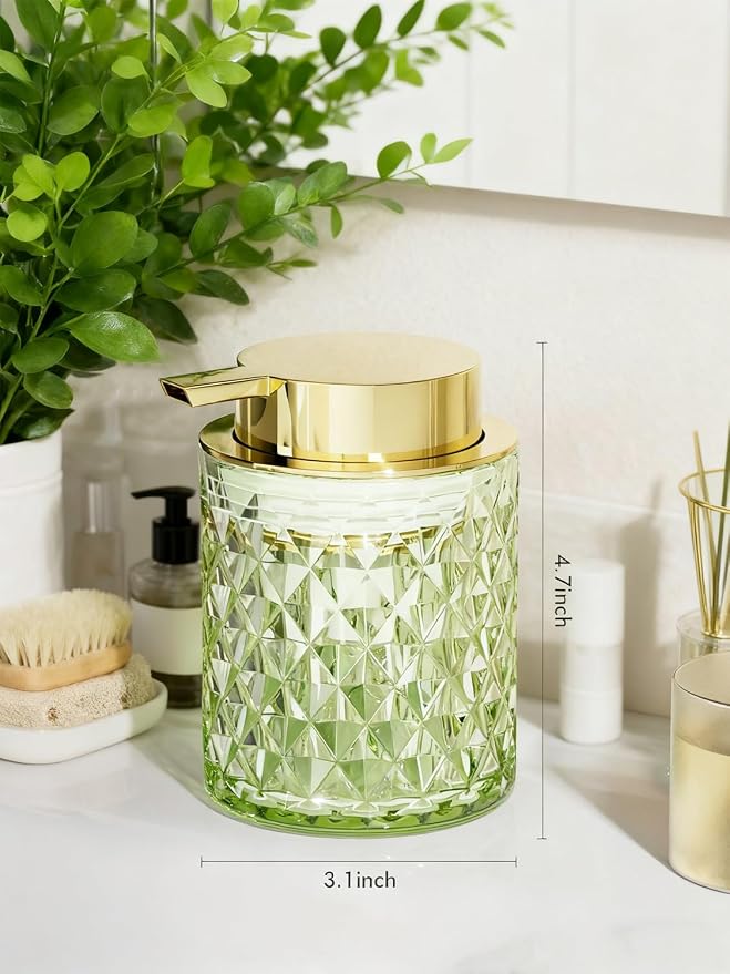 Bathroom Accessory Set, Foaming Soap Dispenser, Glass Hand Foaming Soap Dispenser, Refillable Pump Bottles for Liquid or Lotion, Crystal Decorative Handwash Dispenser for Bathroom, Kitchen,Green