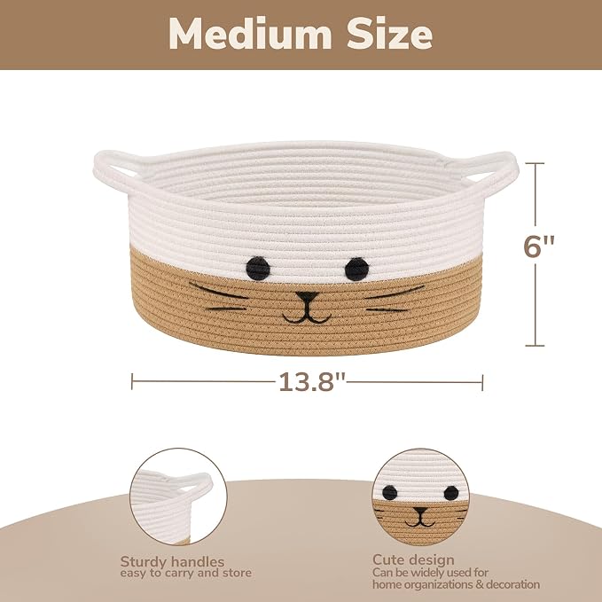 Cat Toy Basket, 13.8" x 6" Woven Baby Basket for Living Room, Medium Gift Baskets Empty, Cotton Rope Basket for Cat Bed Nursery Organizer, White & Jute