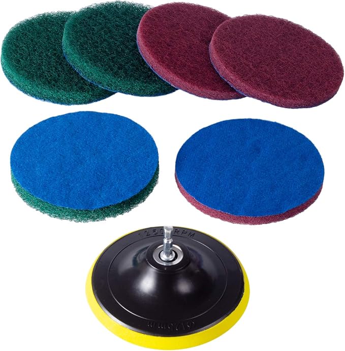 Kichwit 5 Inch Drill Powered Brush Tile Scrubber Scouring Pads | 2 Different Stiffness, 5" Pad Holder with 6 Scrubbing Pads, Cleans Large Flat Areas Perfectly (Drill NOT Included)