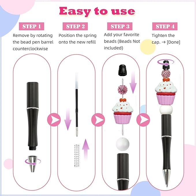 105 Pcs Beadable Pens Bulk Kit, 35 Plastic Ballpoint Pens for Beads with Refills & Bags, DIY Pen Making Kit for Office and School, Craft Gifts for Students & Teachers, Beads Pen Supplies (Black)