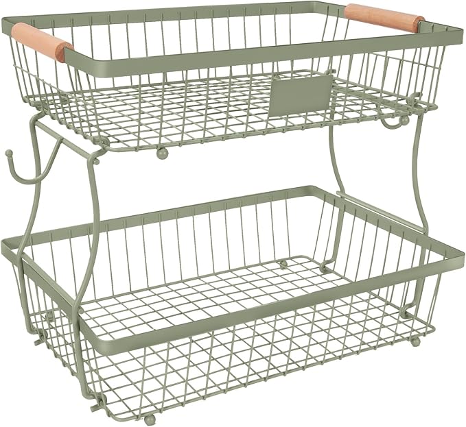 Fruit Basket Bowl 2 Tier Detachable with 2 Banana Hangers, Fruit Stand Holder for Kitchen Countertop, Metal Wire Vegetable Storage Organizer, for Bread Snack Veggies Produce,green