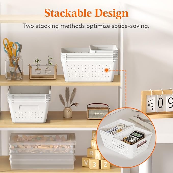 Lifewit Plastic Storage Basket for Organizing, 14 Pack Stackable Open Containers, Multi Size Storage Bins for Shelving, Pantry, Office and Cabinet, 10 Large and 4 Small Size, White