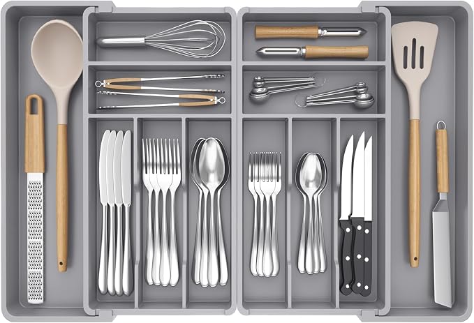 Lifewit Silverware Drawer Organizer, Expandable BPA Free Plastic Utensil Tray for Kitchen, Adjustable Flatware Cutlery Holder for Spoons Forks Knives, 18- 28 x 16.7", Gray