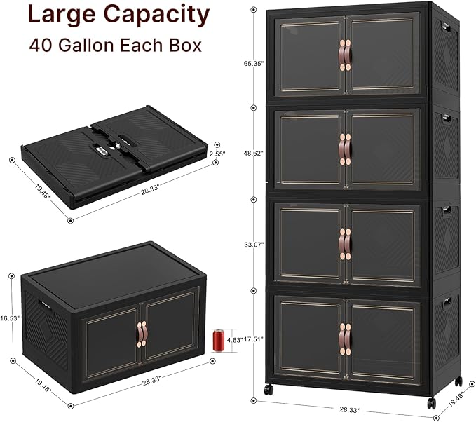 Stackable Storage Bins with Lids, Collapsible Storage Boxes, Foldable Plastic Storage Drawers for Bedroom,Office, Dorm (4, Black, XL)