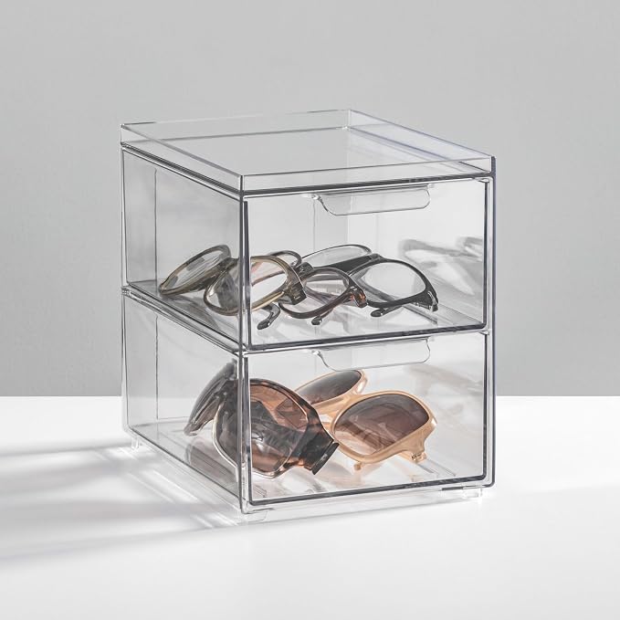 mDesign Stackable Storage Containers Box with 2 Pull-Out Drawers - Stacking Plastic Drawer Bins for Closet Organization, Linen, Coat, Bedroom or Entryway Closets - Lumiere Collection - 4 Pack, Clear
