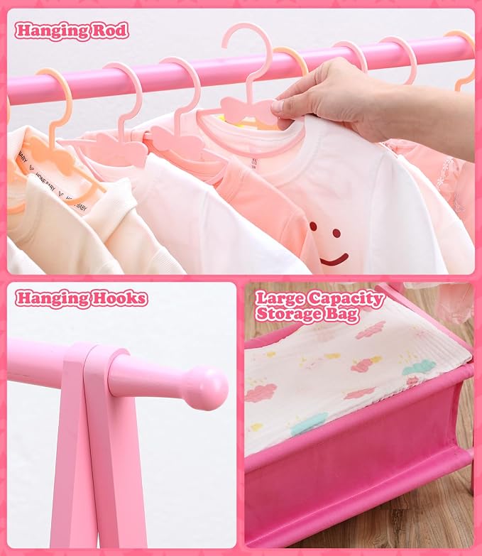 Kids Clothing Rack with Storage, Dress Up Rack, Child Clothes, Small Garment, for Costume, Bamboo (Pink)