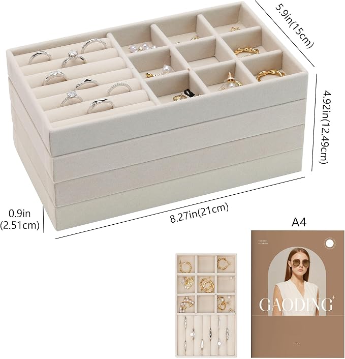 Set of 4 Beige Stackable Jewelry Trays, Jewelry Drawer Organizer Inserts | Jewelry Organizer Trays for Drawer, Jewelry Display Tray Storage with Removable Dividers for Earring Ring Necklace Bracelet