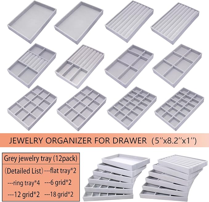12 Set Jewelry Organizer Trays Stackable Jewelryy Display Case Storage Box for Earring Necklace Rings Bracelet Watch