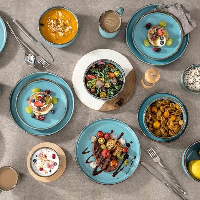 Henten Home Ceramic Dessert Plates, 8 Inch Porcelain Salad Plates Set of 4, Round Snack Plates for Kitchen, Cake Serving Stoneware Dishes, Reactive Glaze, Scratch Resistant (Aqua)