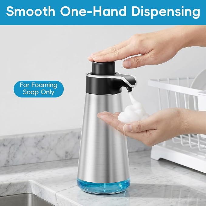 BYUNER Foaming Soap Dispenser for Bathroom & Kitchen, 15 fl oz Refillable Foam Soap Dispenser with Rust-Free Plastic Pump, Metal Look Countertop Soap Dispenser, Hand Soap Dispenser, Brushed Silver