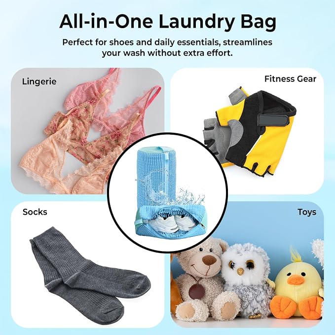 2PCS Shoe Washing Machine Bag with Pair of Shoe Tree and 4 Deodorizer Balls, Durable Zipper Reusable Shoe Washing Bag with 20000+ Fluffy Fiber Lining For 360° Cleaning for Sneakers (Blue)