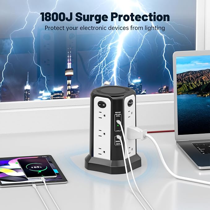 PASSUS PD65W USB C Fast Desktop Power Strip Surge Protector | Desktop Charging Station, 12 AC Outlets|4 USB C|1 USB A, 10FT Extension Cord with Overload Protection for Home Office Dorm