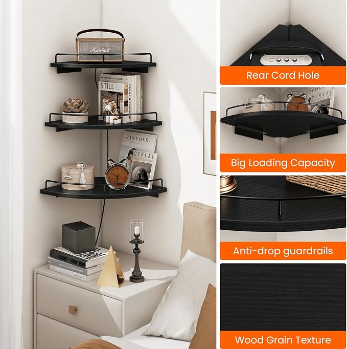 Homode 3 Tier Corner Floating Shelves, Wooden Corner Shelf Wall Mount 9/10/12 Inch with Guardrail, Rounded Hanging Corner Wall Storage Shelving for Bedroom Bathroom Kitchen Office, Black