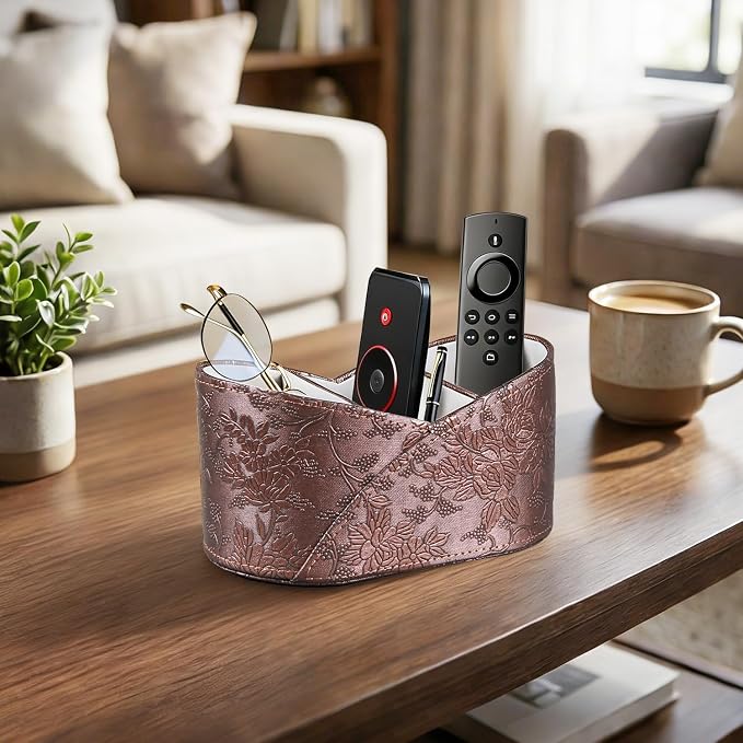 PU Leather TV Remote Control Holder, 3 Compartments Remotes Caddy for DVD, Blu-Ray, Media Player, Heater Controllers,Bedside Table Desk Organizer and Accessories Storage for Living Room Nightstand
