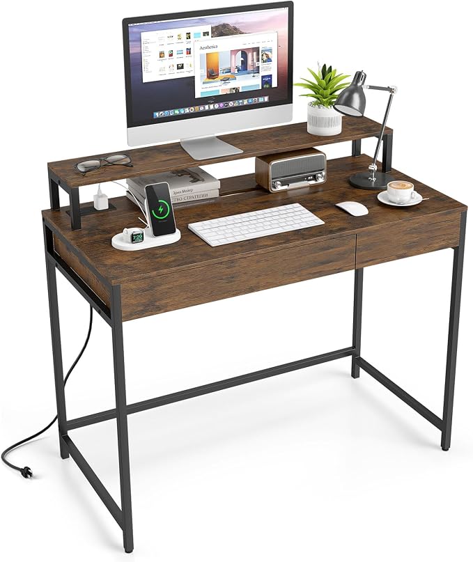 Tangkula Computer Desk with Dual-use Drawer & Keyboard Tray, Home Office Desk with Removable Monitor Shelf & Power Outlets, Modern Writing Desk Study Table for Home Apartment Dorm (Rustic Brown)