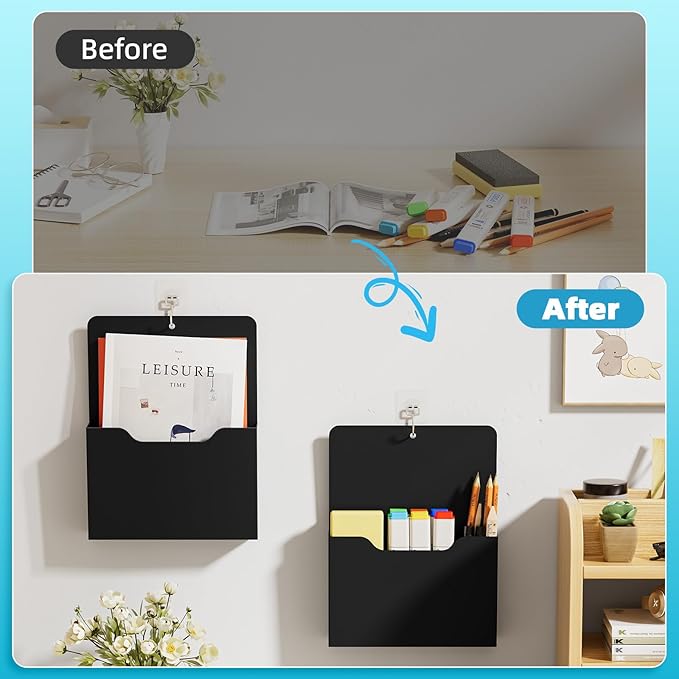 Magnetic File Holder - Magnetic Paper Holder, Pocket Organizer Office Supplies Storage Mail Organizer for Notebooks,Planners,Letter (Black)