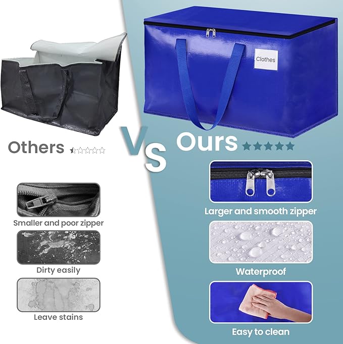 HomeHacks Moving Bags Heavy Duty with Strong Zippers and Handles Collapsible Moving Supplies, Storage Totes for Packing & Moving Storing 93L,10-Pack, Blue